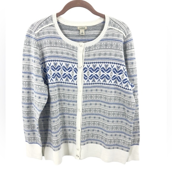LL Bean Womens Fair Isle Cardigan Sweater Size L Petite Cotton Cashmere Nordic - Picture 1 of 8
